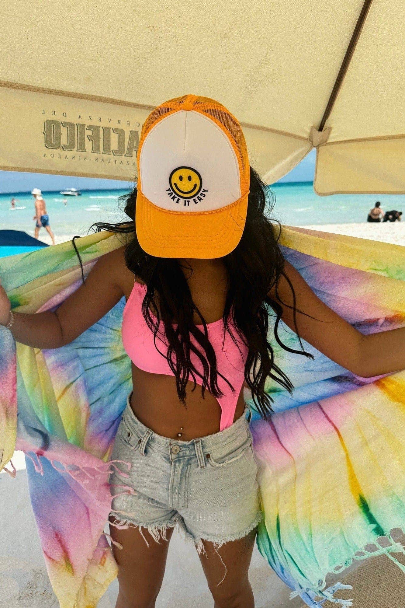 Take It Easy Smiley Face Trucker Cap: Mango