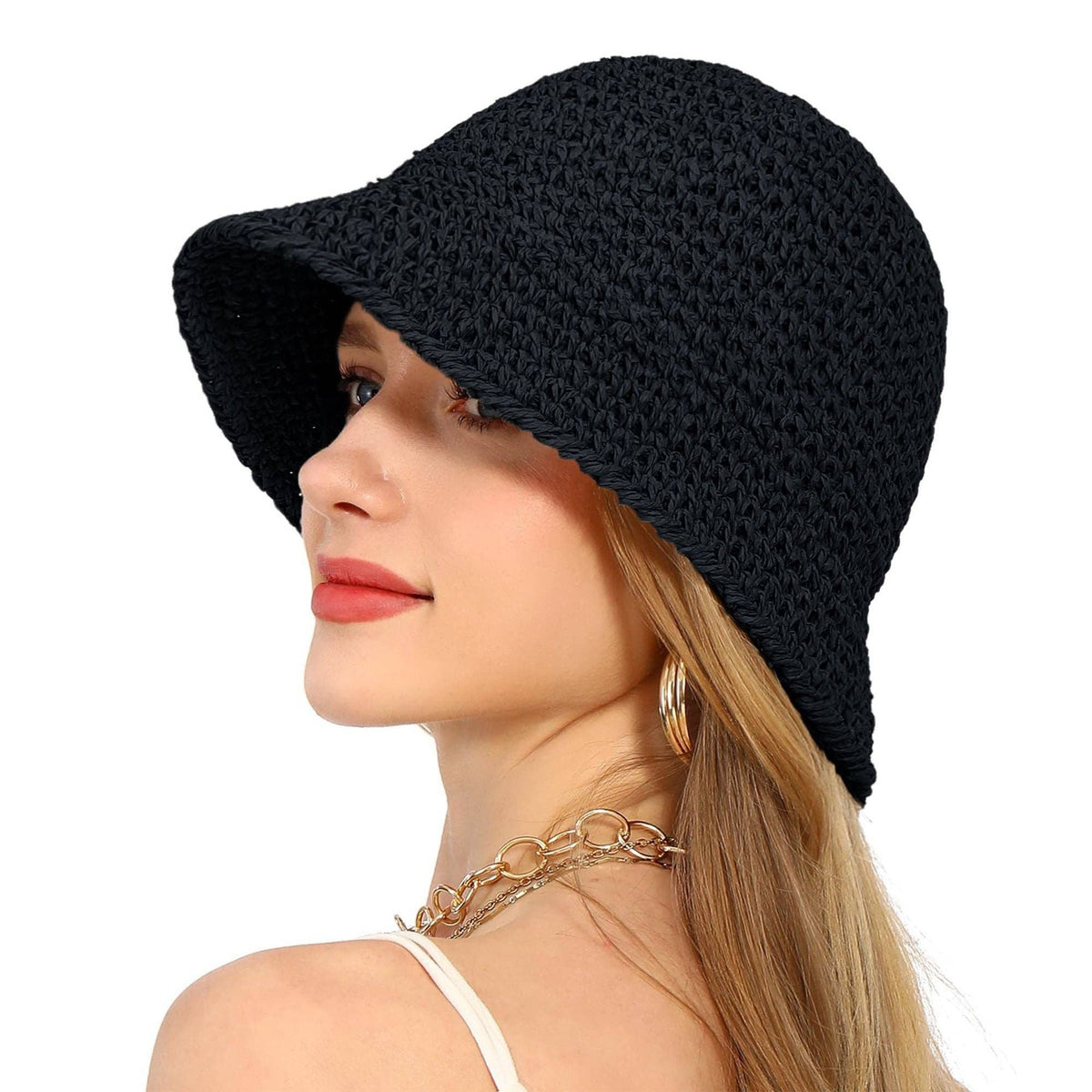 Crochet Raffia Bucket Hat Foldable Wide Brim Sun Hat: Khaki / One Size Fits Most
