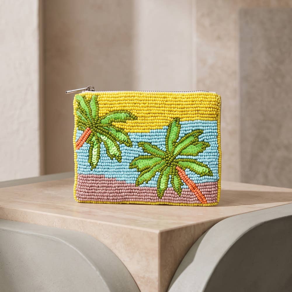 Palm Tree Beach Beaded Coin Pouch: YELLOW