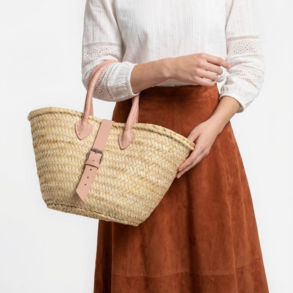 French Market Basket Leather Buckle Straw Bag: Orange