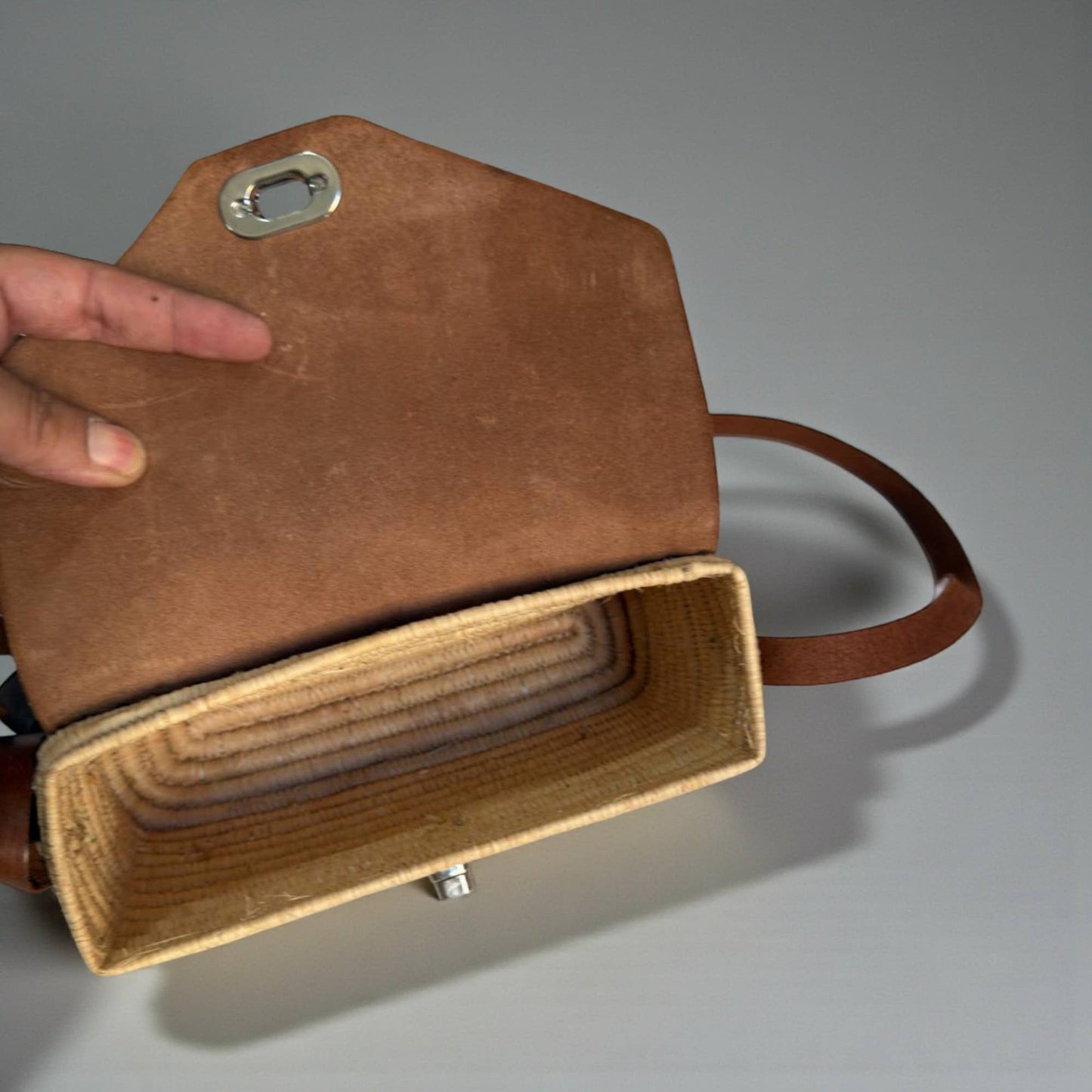 Handmade Straw & Leather Crossbody Bag - Mini Boho Purse: Brown / Small