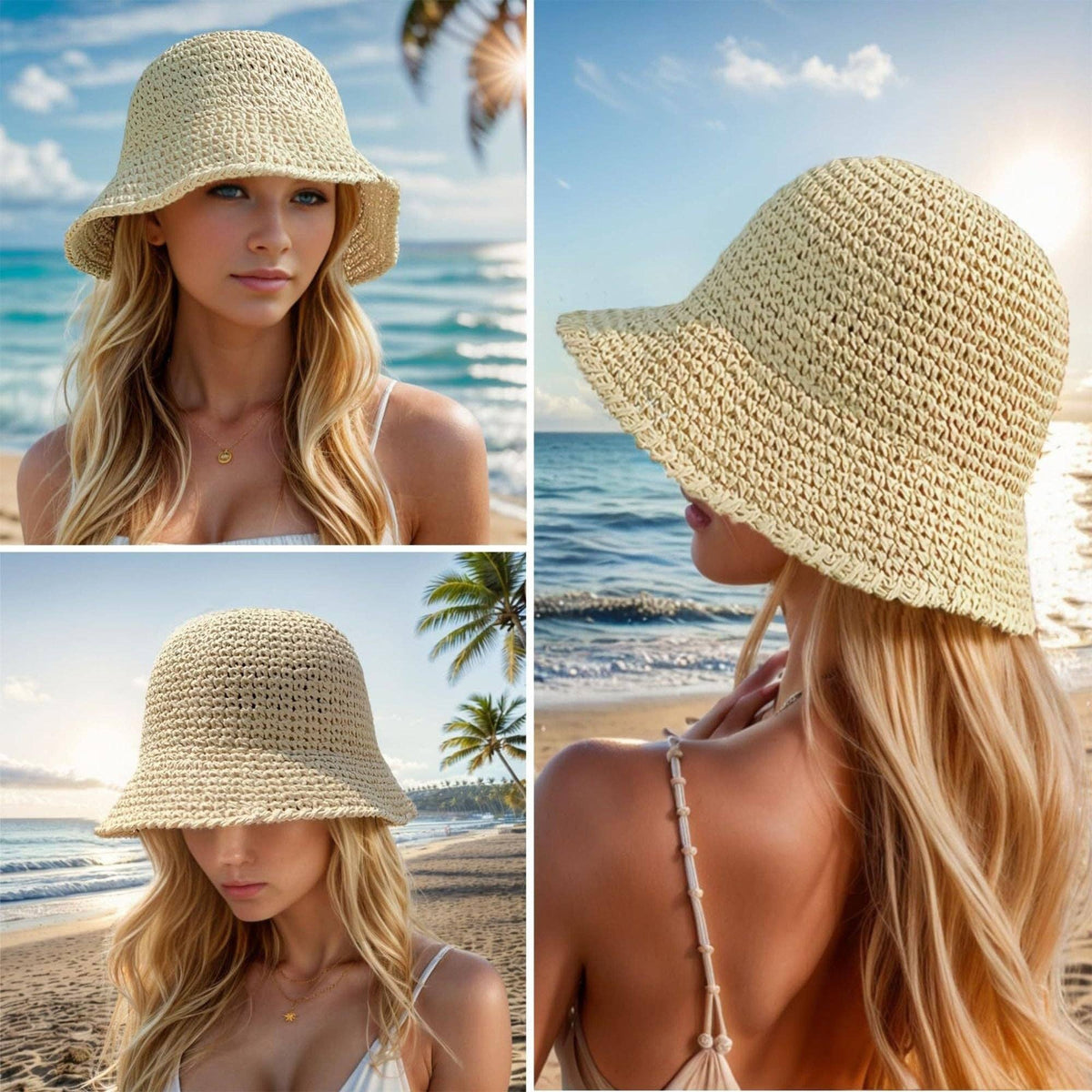Crochet Raffia Bucket Hat Foldable Wide Brim Sun Hat: Khaki / One Size Fits Most