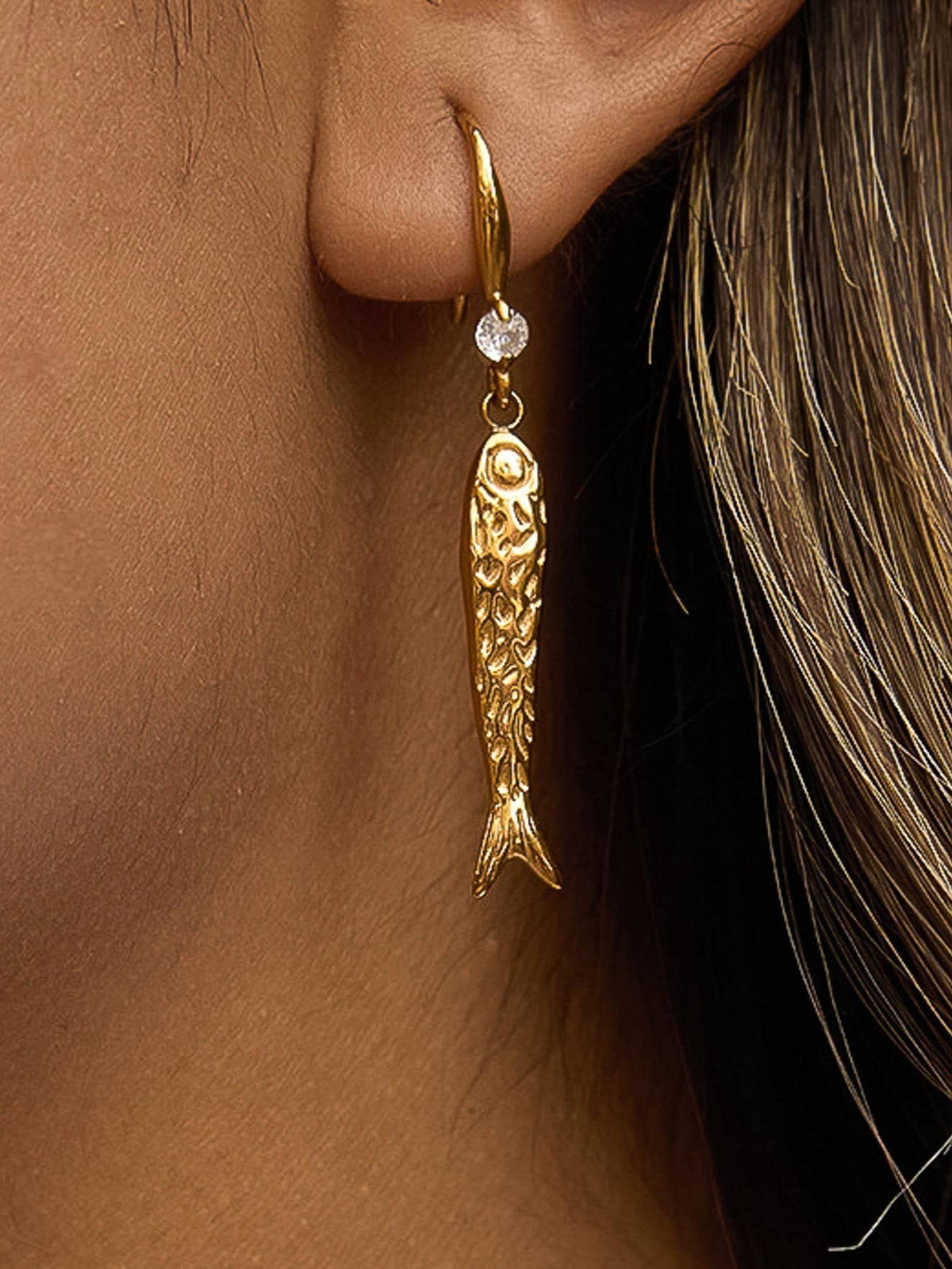 Calypsa 18K Gold Non-Tarnish Fish Charm Drop Earrings: Yellow Gold
