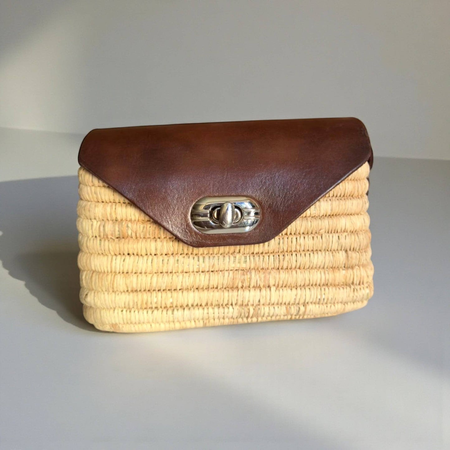 Handmade Straw & Leather Crossbody Bag - Mini Boho Purse: Brown / Small