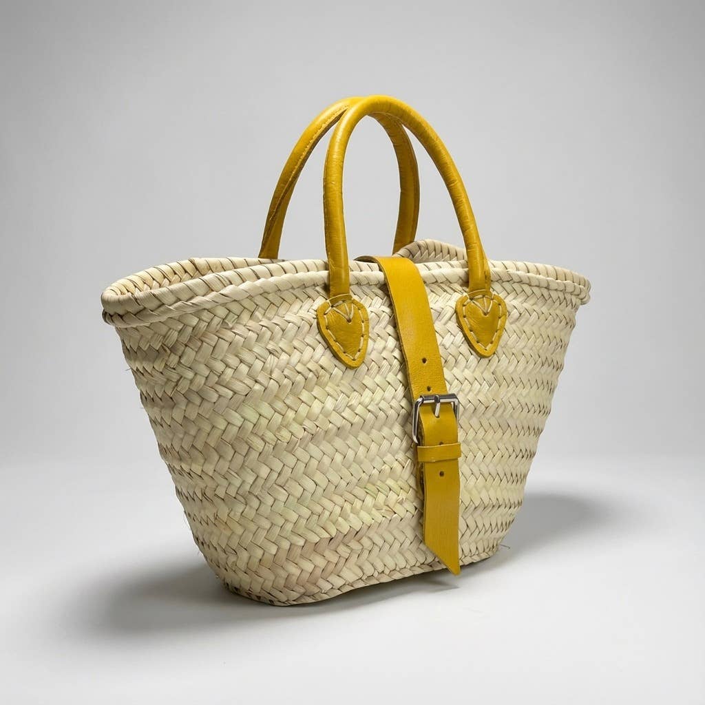 French Market Basket Leather Buckle Straw Bag: Orange