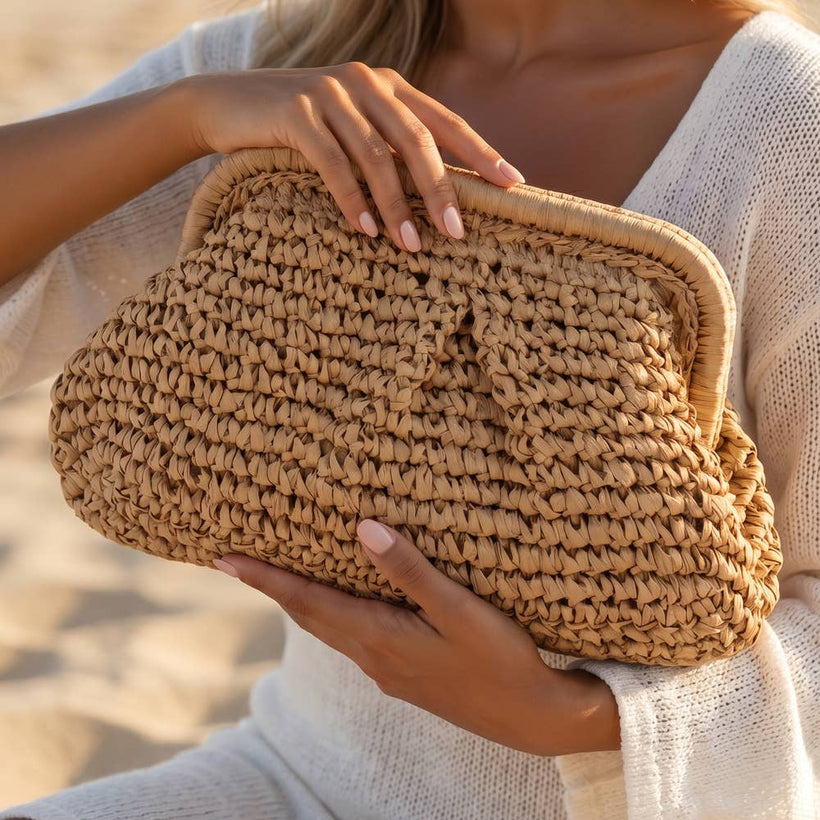 Ribbed Straw Crochet Frame Pouch: KA