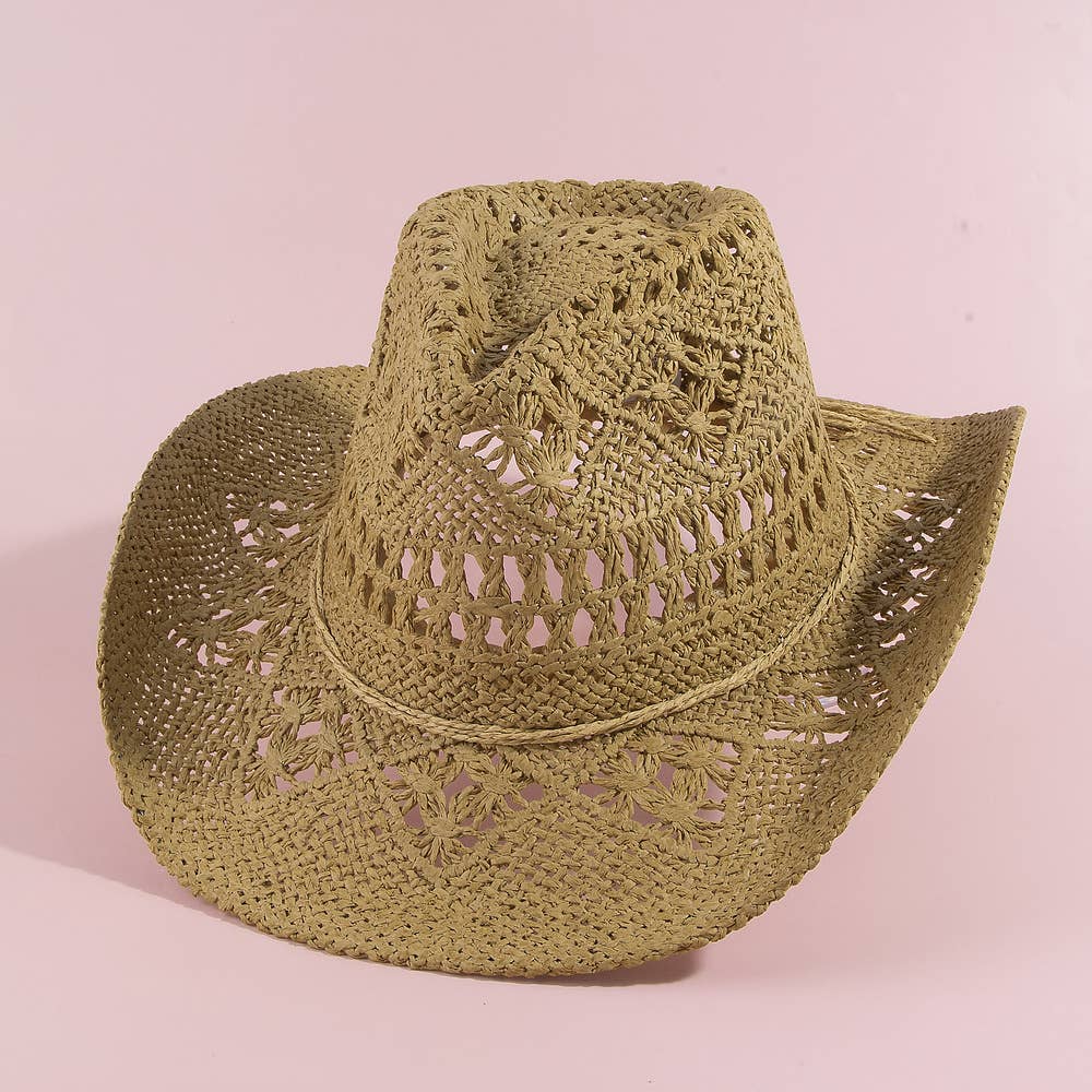 Paper Straw Open Weave Crochet Cowboy Hat: KA