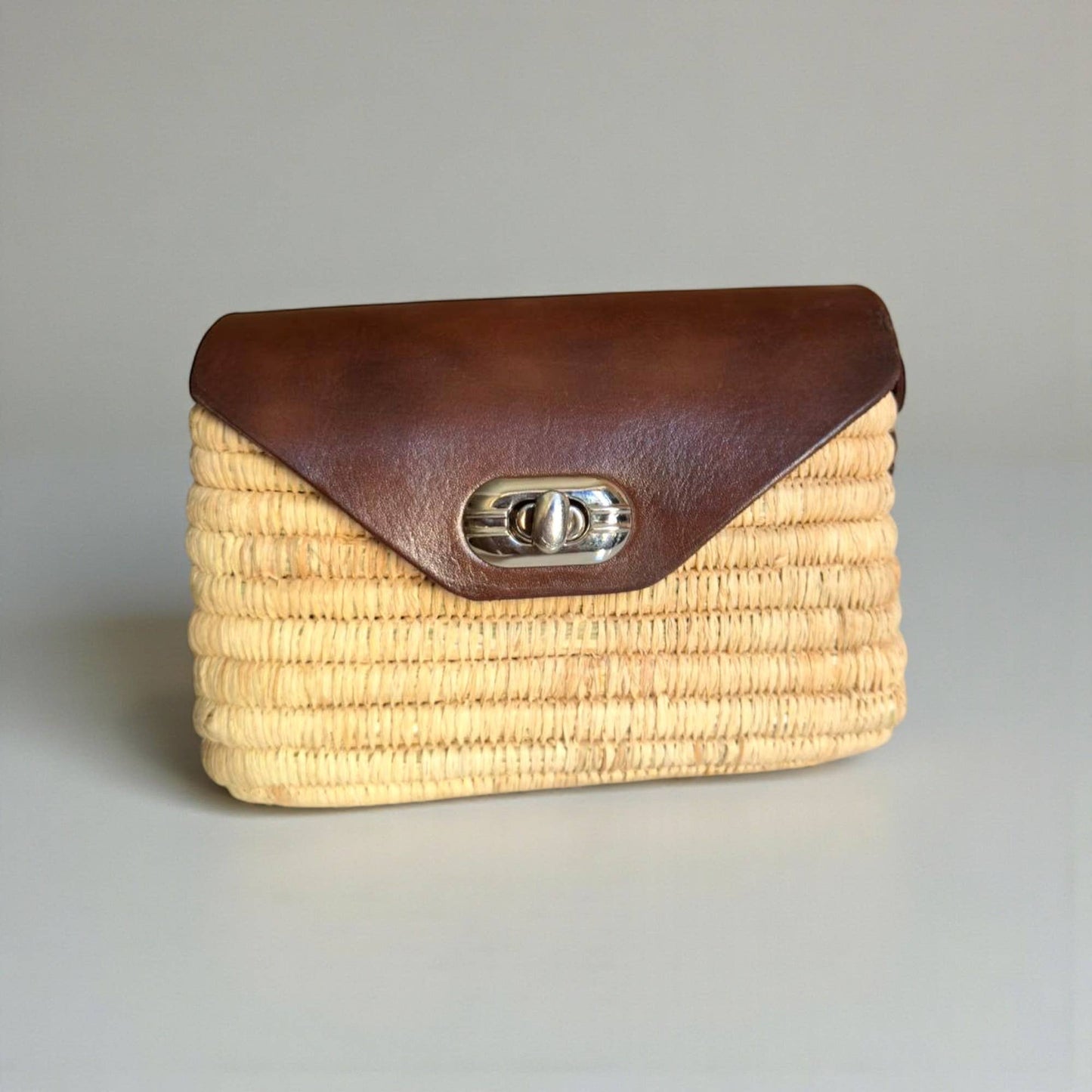Handmade Straw & Leather Crossbody Bag - Mini Boho Purse: Brown / Small