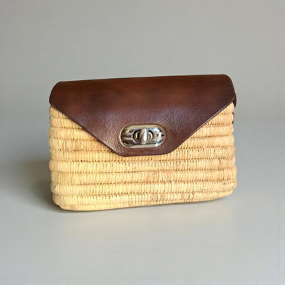 Handmade Straw & Leather Crossbody Bag - Mini Boho Purse: Brown / Small