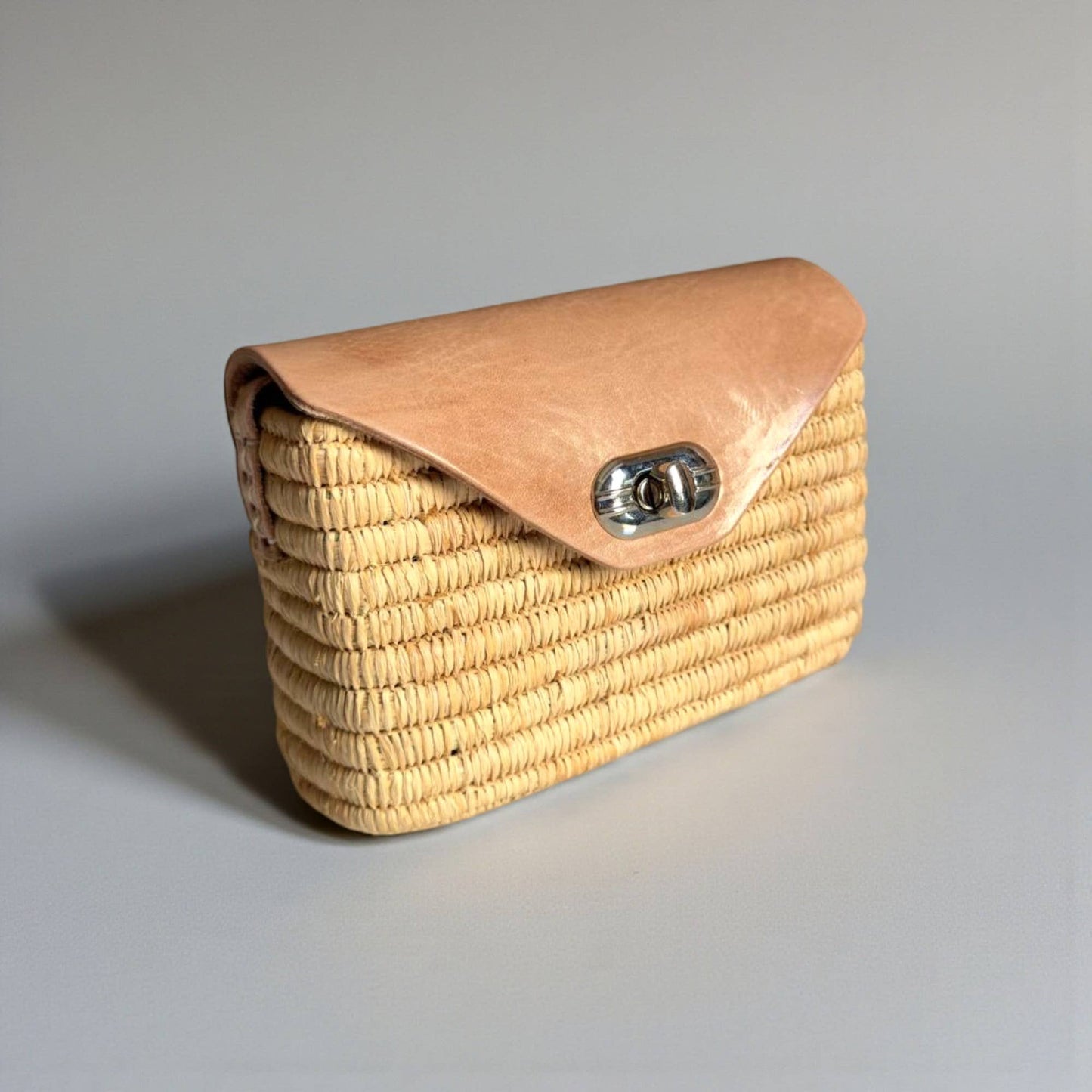 Handmade Straw & Leather Crossbody Bag - Mini Boho Purse: Brown / Small