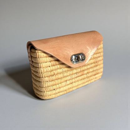 Handmade Straw & Leather Crossbody Bag - Mini Boho Purse: Brown / Small
