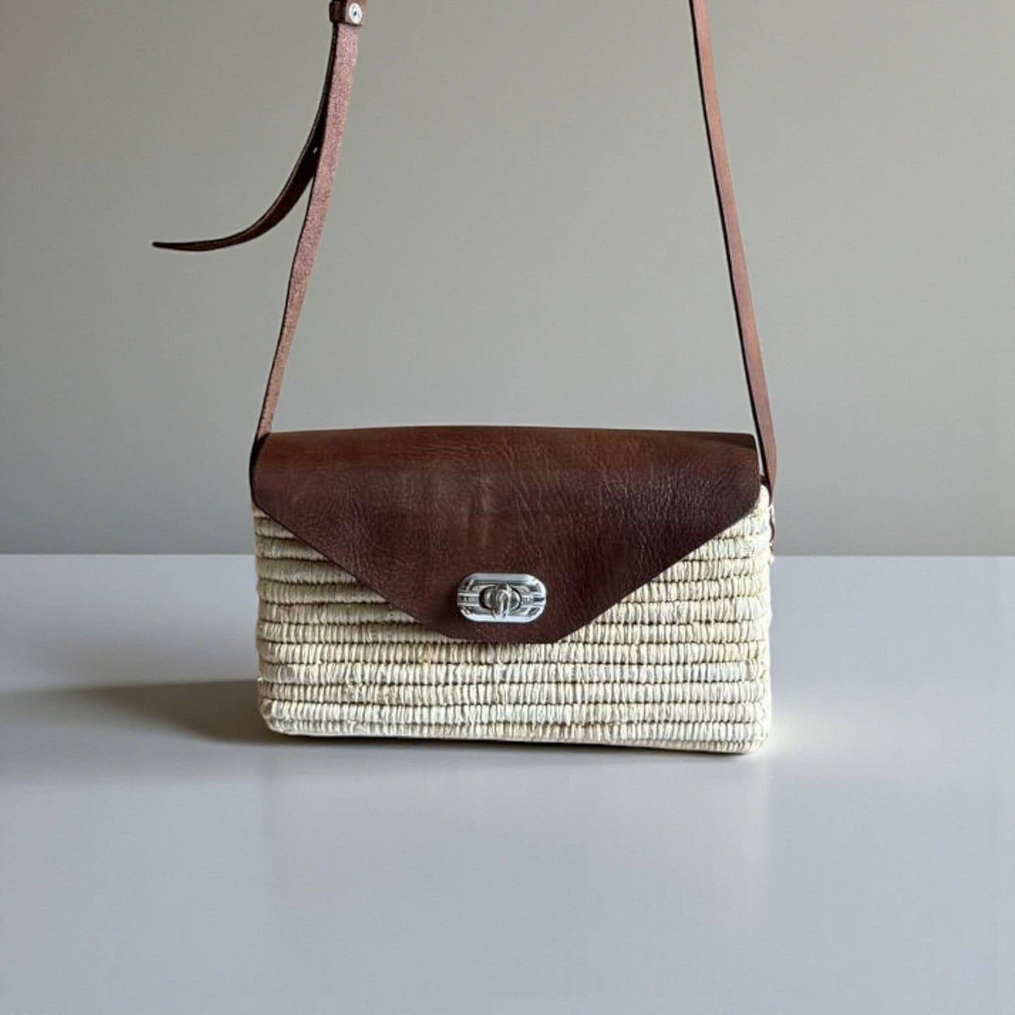 Handmade Straw & Leather Crossbody Bag - Mini Boho Purse: Brown / Small
