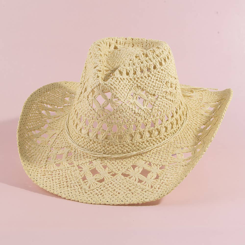 Paper Straw Open Weave Crochet Cowboy Hat: KA