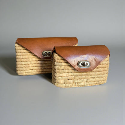 Handmade Straw & Leather Crossbody Bag - Mini Boho Purse: Brown / Small