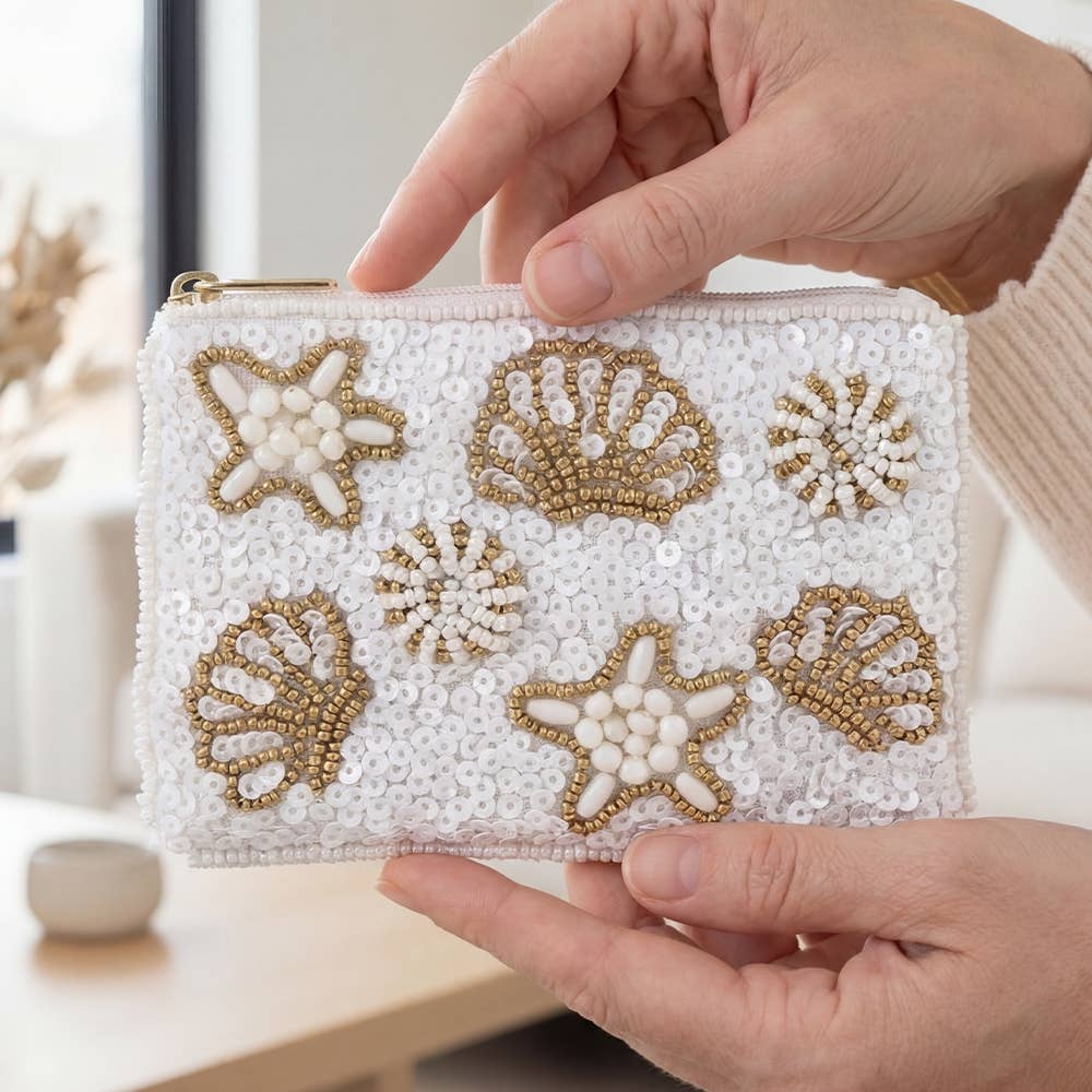 Starfish Clams And Sea Life Seed Beaded Coin Purse: MULTI
