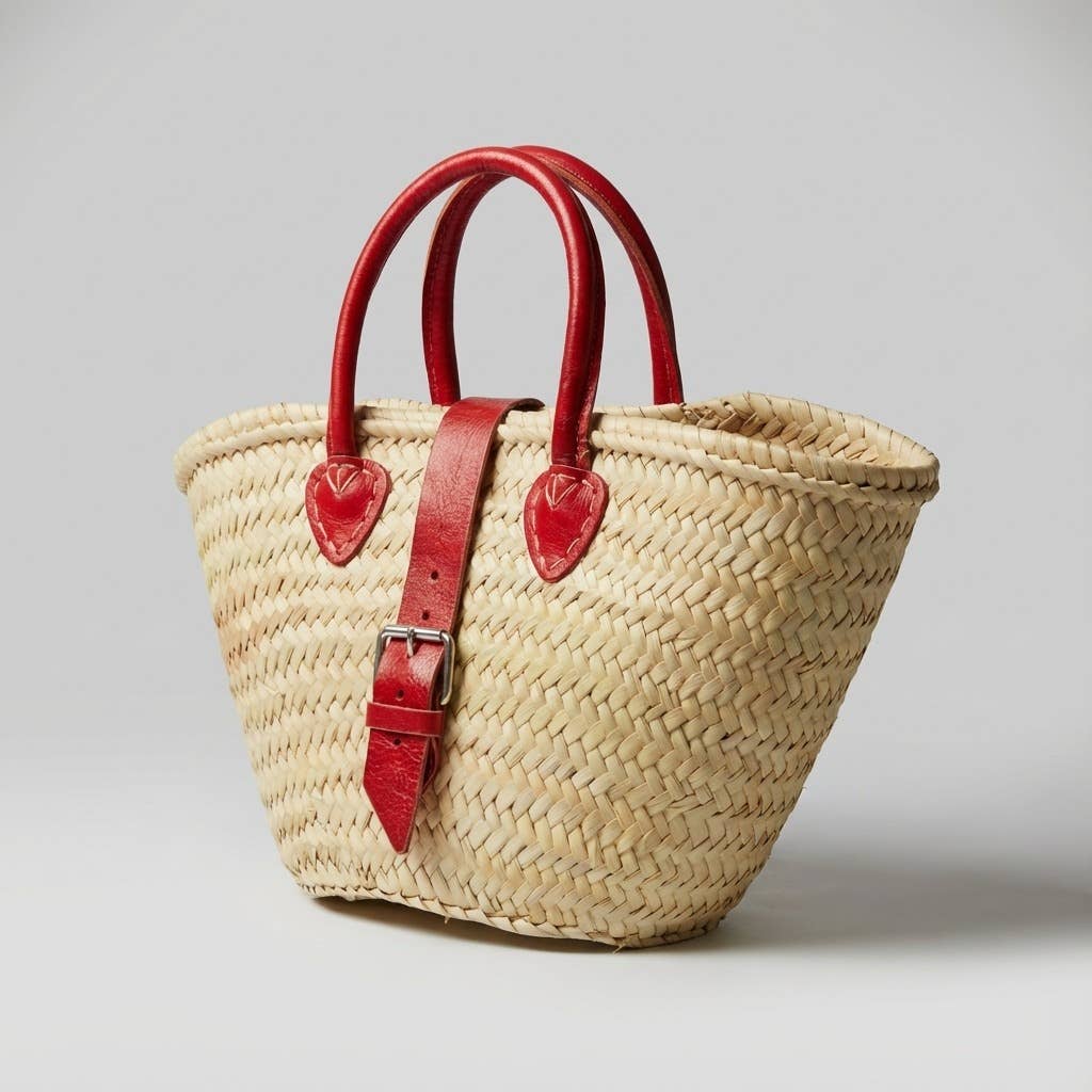 French Market Basket Leather Buckle Straw Bag: Orange