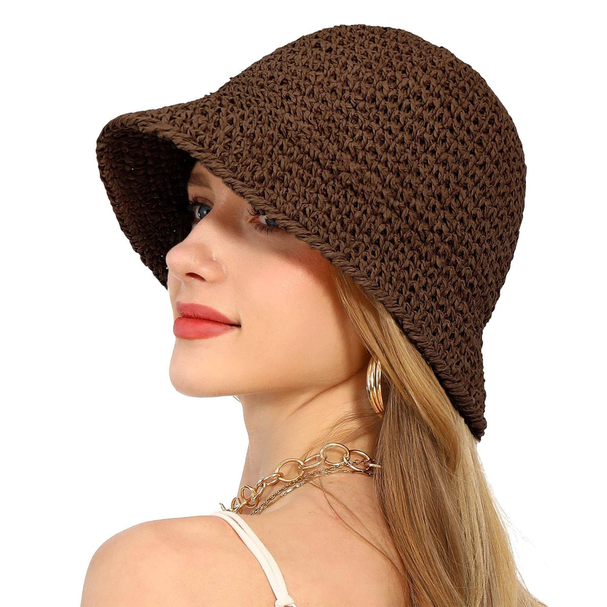 Crochet Raffia Bucket Hat Foldable Wide Brim Sun Hat: Khaki / One Size Fits Most
