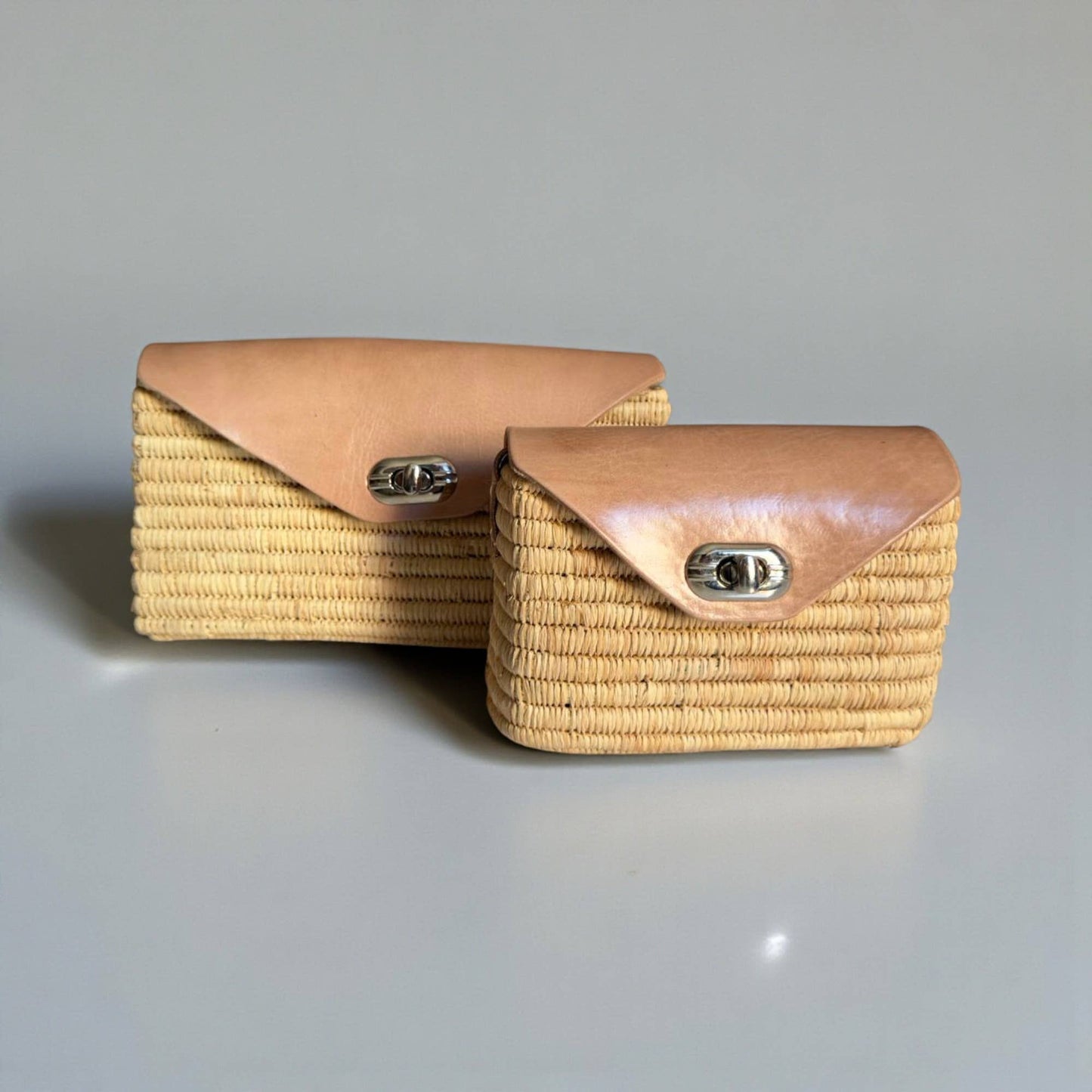 Handmade Straw & Leather Crossbody Bag - Mini Boho Purse: Brown / Small