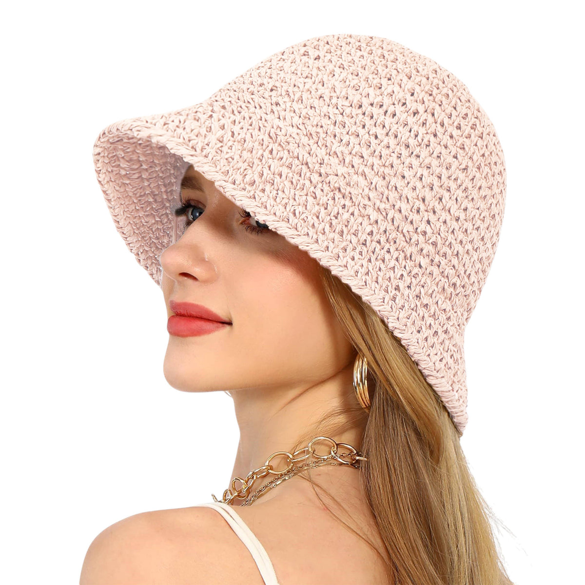 Crochet Raffia Bucket Hat Foldable Wide Brim Sun Hat: Khaki / One Size Fits Most