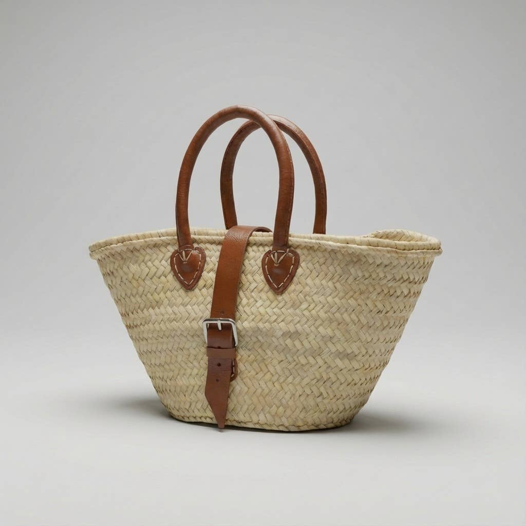 French Market Basket Leather Buckle Straw Bag: Orange