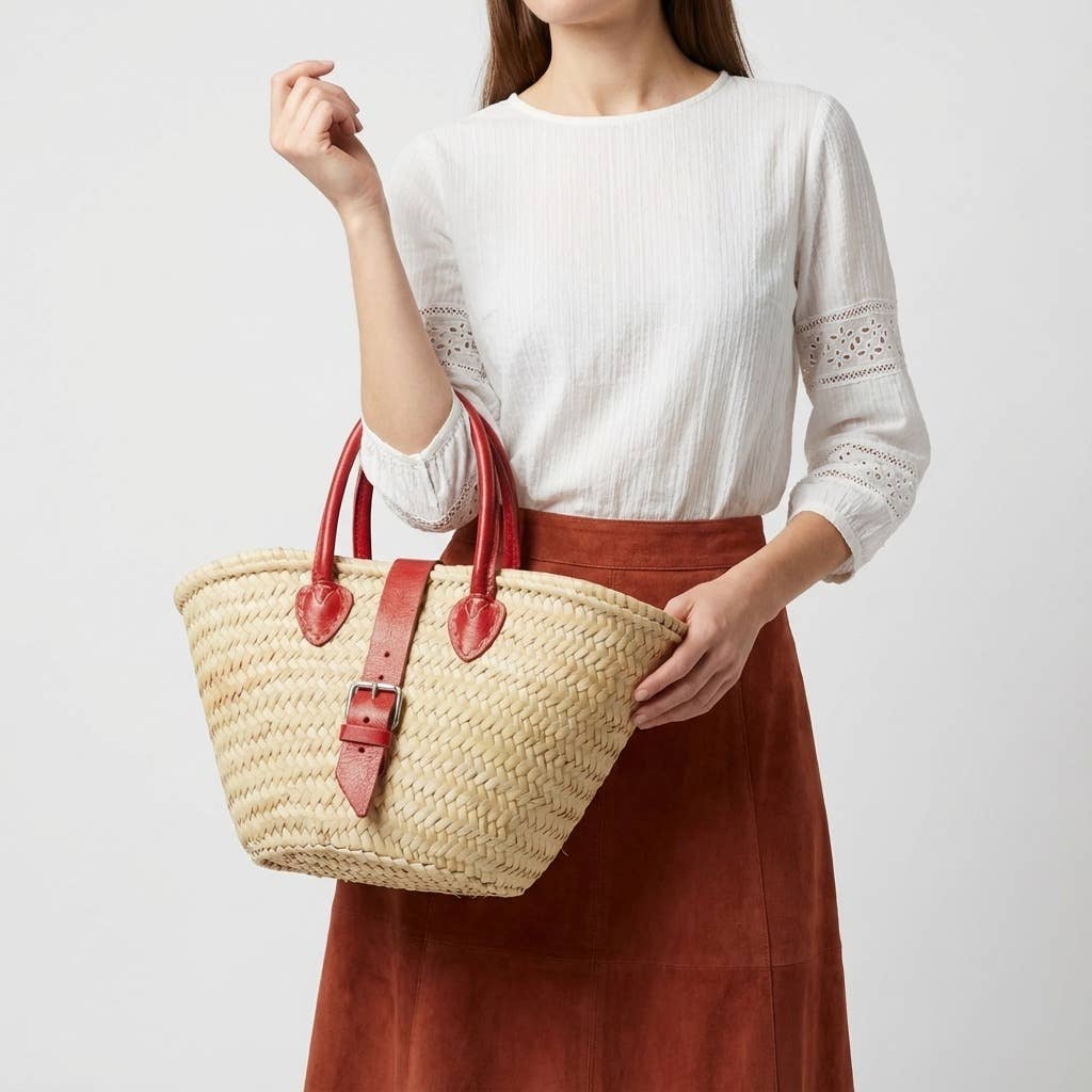 French Market Basket Leather Buckle Straw Bag: Pink