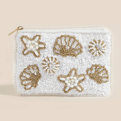 Starfish Clams And Sea Life Seed Beaded Coin Purse: MULTI