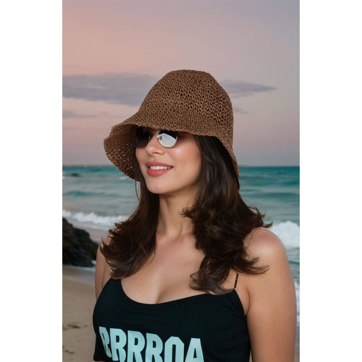 Crochet Raffia Bucket Hat Foldable Wide Brim Sun Hat: Khaki / One Size Fits Most