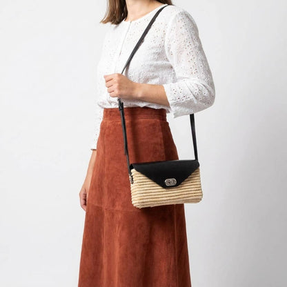 Handmade Straw & Leather Crossbody Bag - Mini Boho Purse: Brown / Small