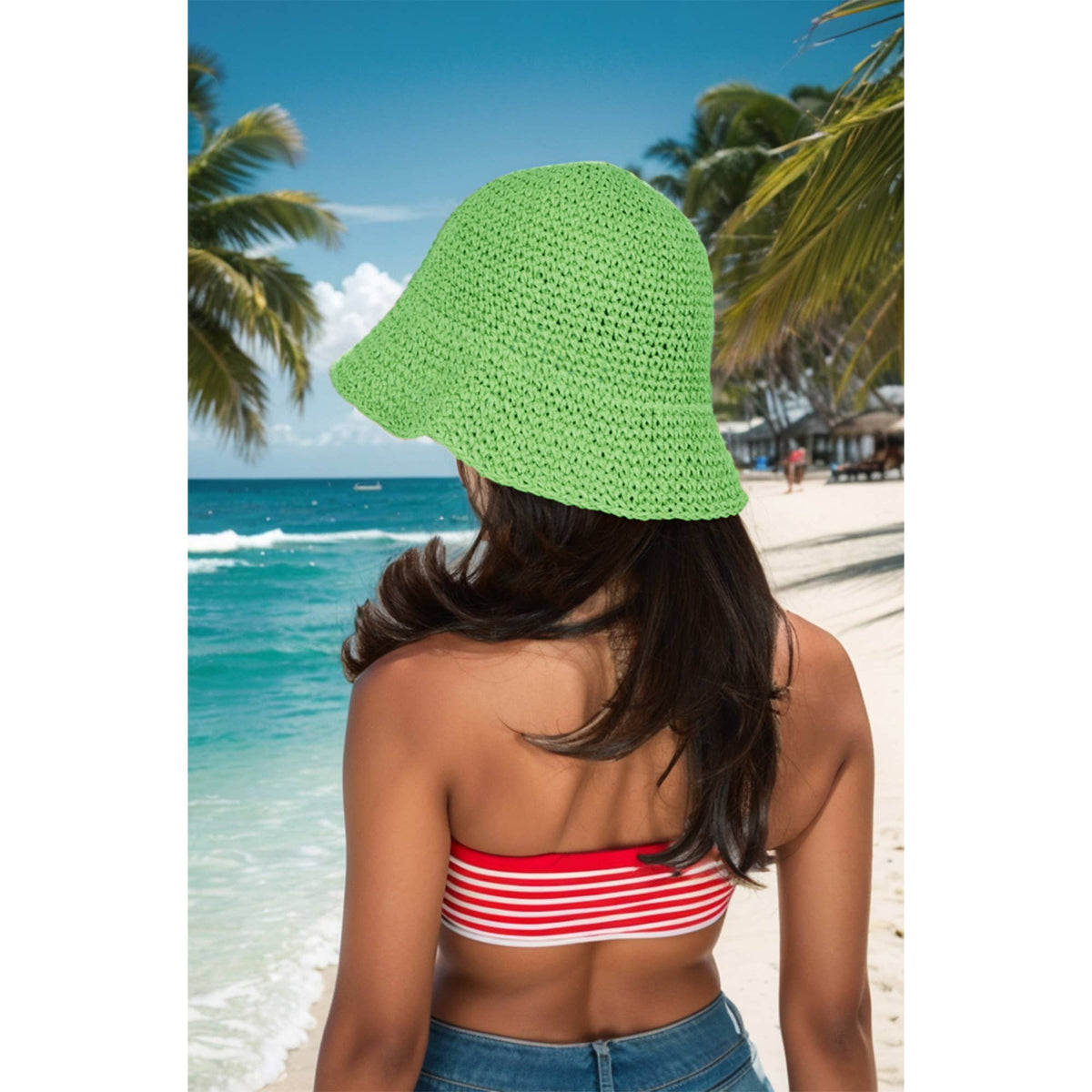 Crochet Raffia Bucket Hat Foldable Wide Brim Sun Hat: Khaki / One Size Fits Most
