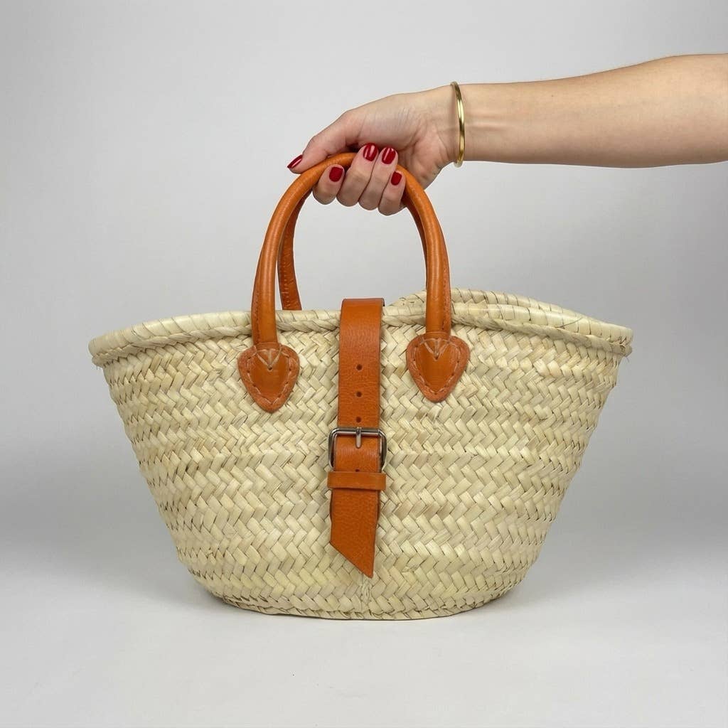 French Market Basket Leather Buckle Straw Bag: Orange
