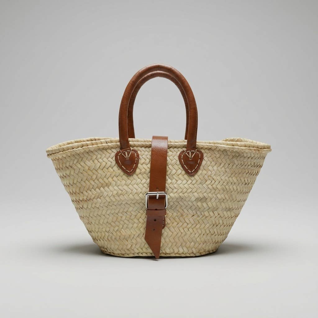 French Market Basket Leather Buckle Straw Bag: Orange