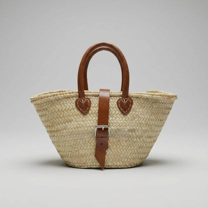 French Market Basket Leather Buckle Straw Bag: Pink
