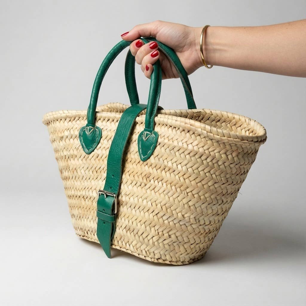 French Market Basket Leather Buckle Straw Bag: Orange