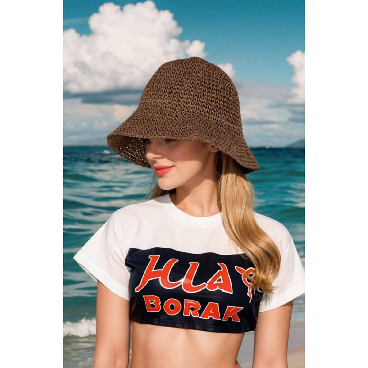 Crochet Raffia Bucket Hat Foldable Wide Brim Sun Hat: Khaki / One Size Fits Most