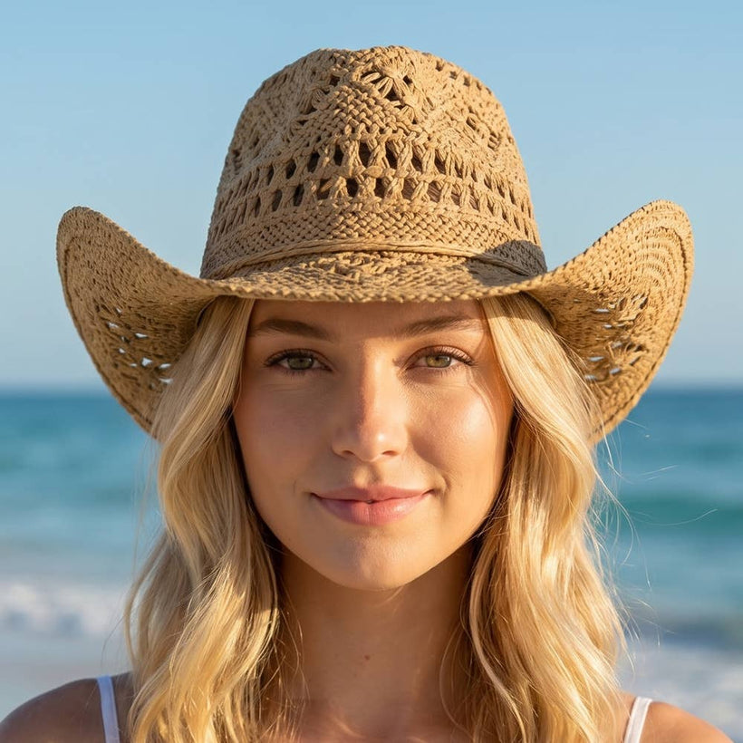 Paper Straw Open Weave Crochet Cowboy Hat: KA