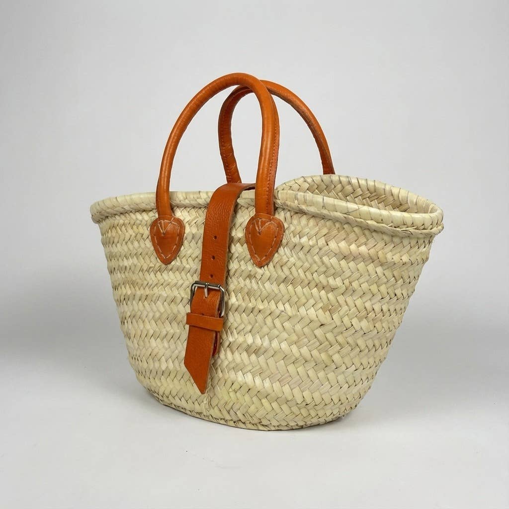 French Market Basket Leather Buckle Straw Bag: Orange