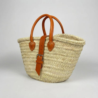 French Market Basket Leather Buckle Straw Bag: Orange
