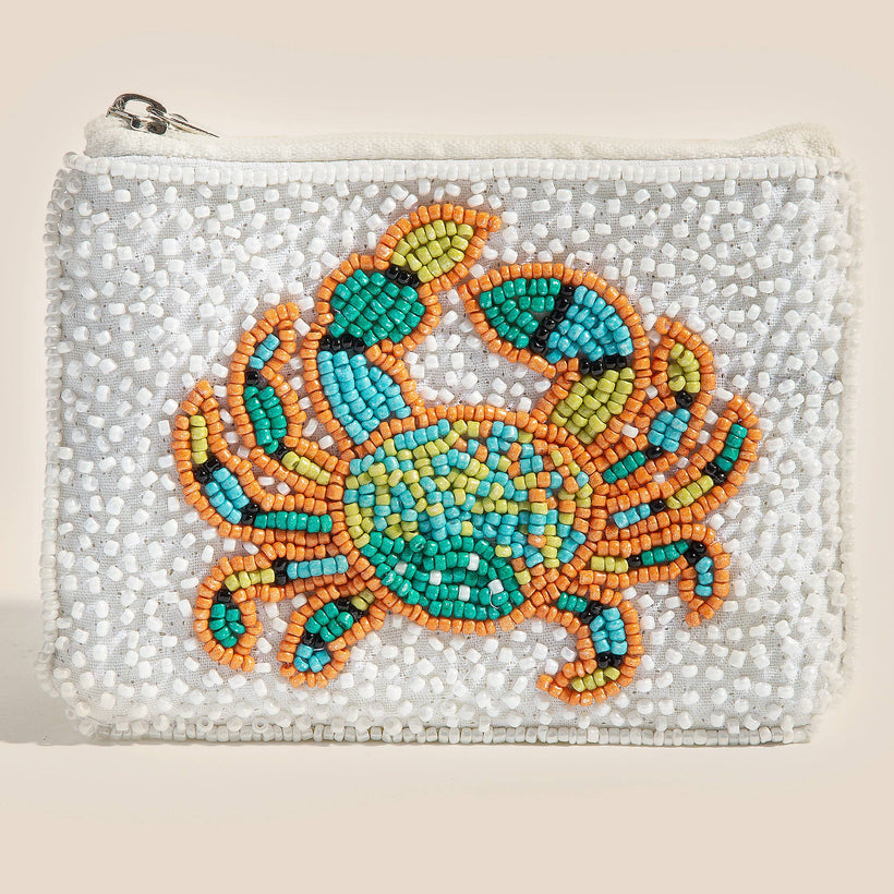 Seed Beaded Sea Life Crab Coin Purse: MULTI