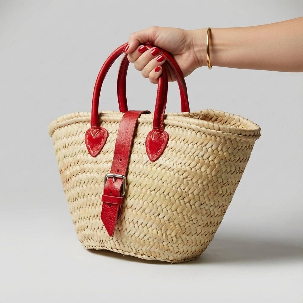 French Market Basket Leather Buckle Straw Bag: Orange