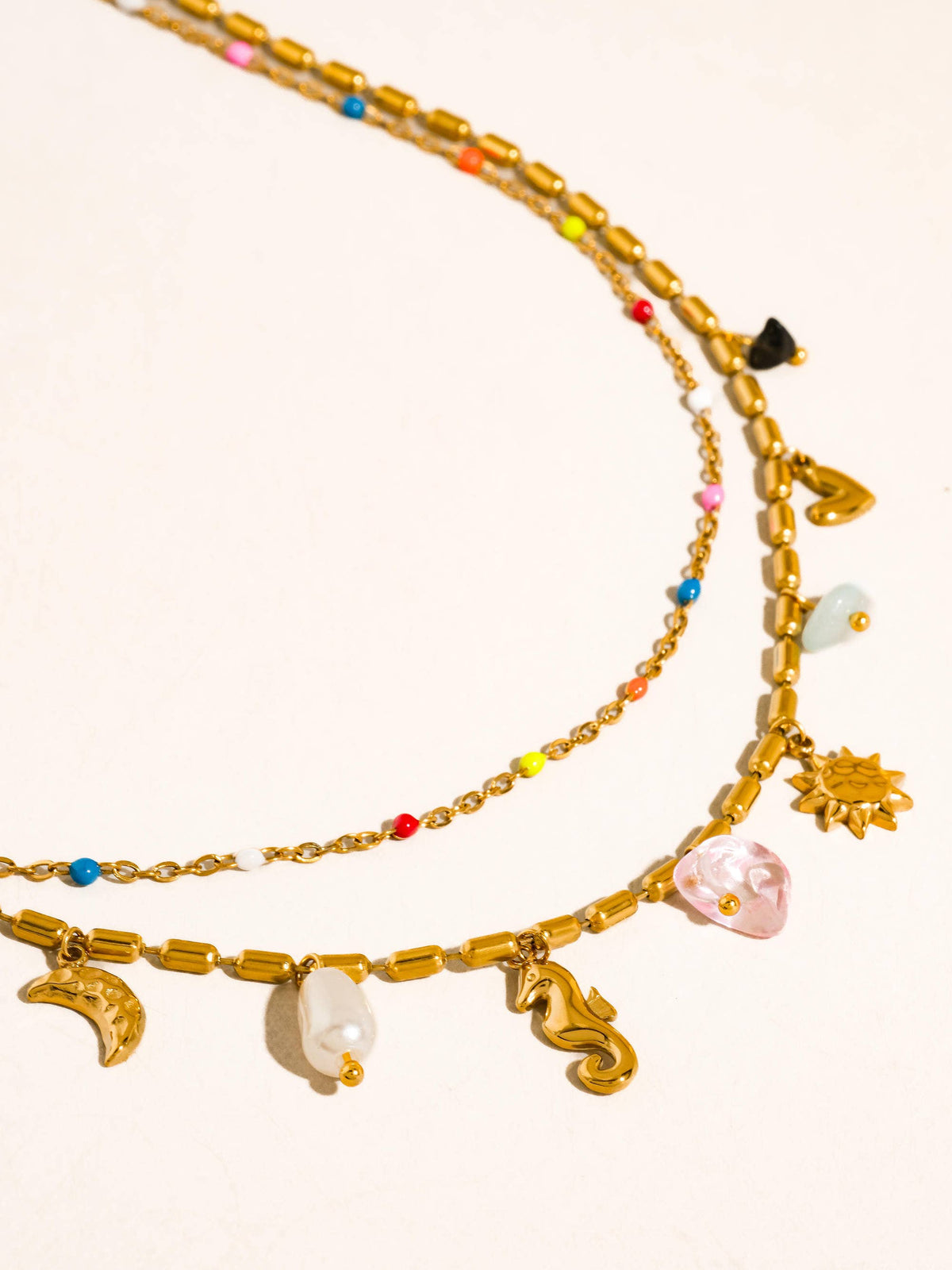 Ninah 18K Gold Non-Tarnish Seahorse Charm Layered Necklace: Multi-Colored