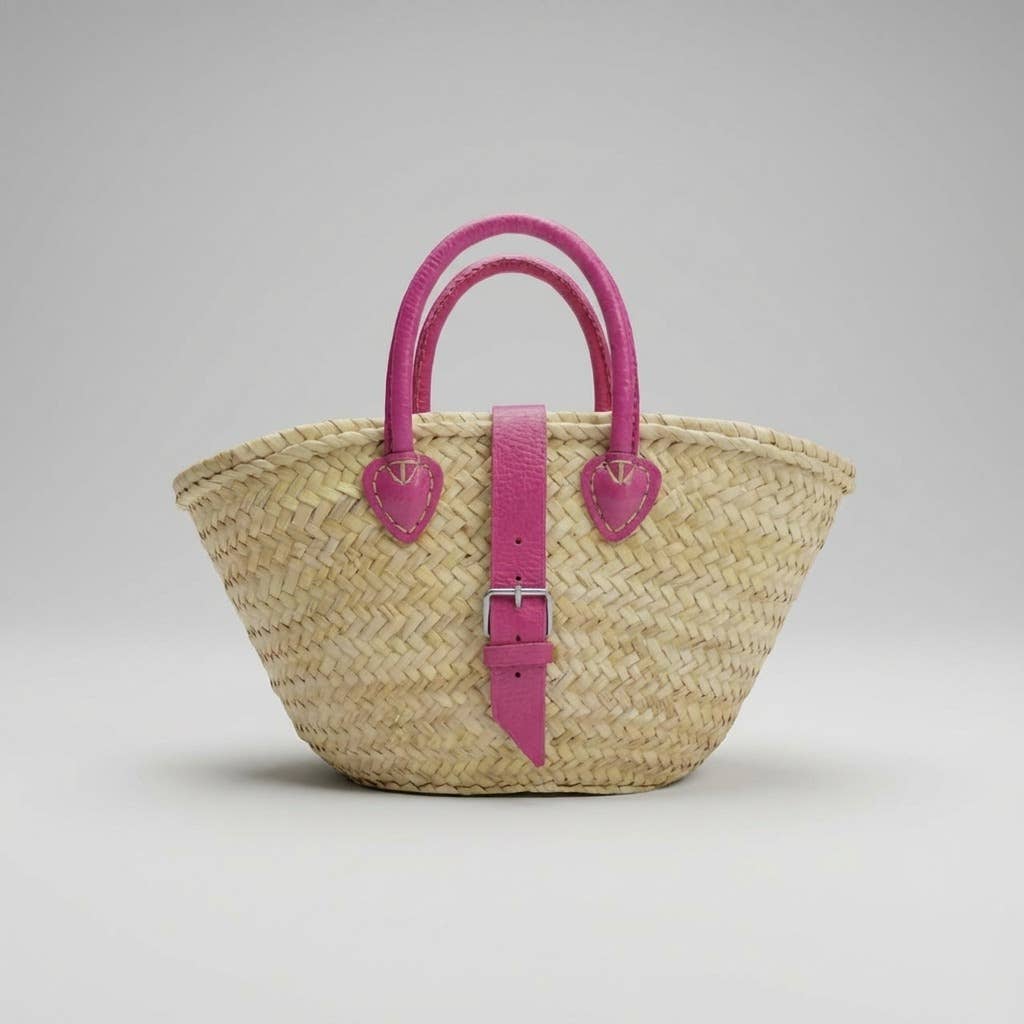 French Market Basket Leather Buckle Straw Bag: Orange