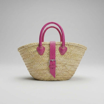 French Market Basket Leather Buckle Straw Bag: Pink