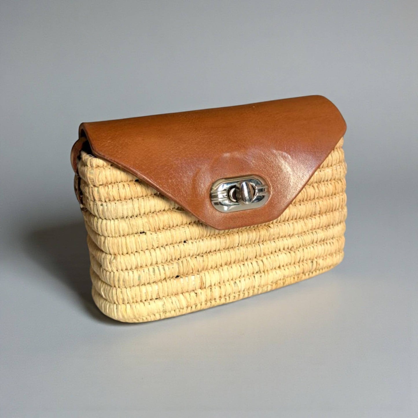 Handmade Straw & Leather Crossbody Bag - Mini Boho Purse: Brown / Small