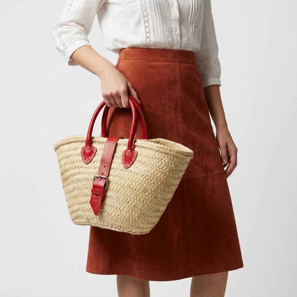 French Market Basket Leather Buckle Straw Bag: Orange