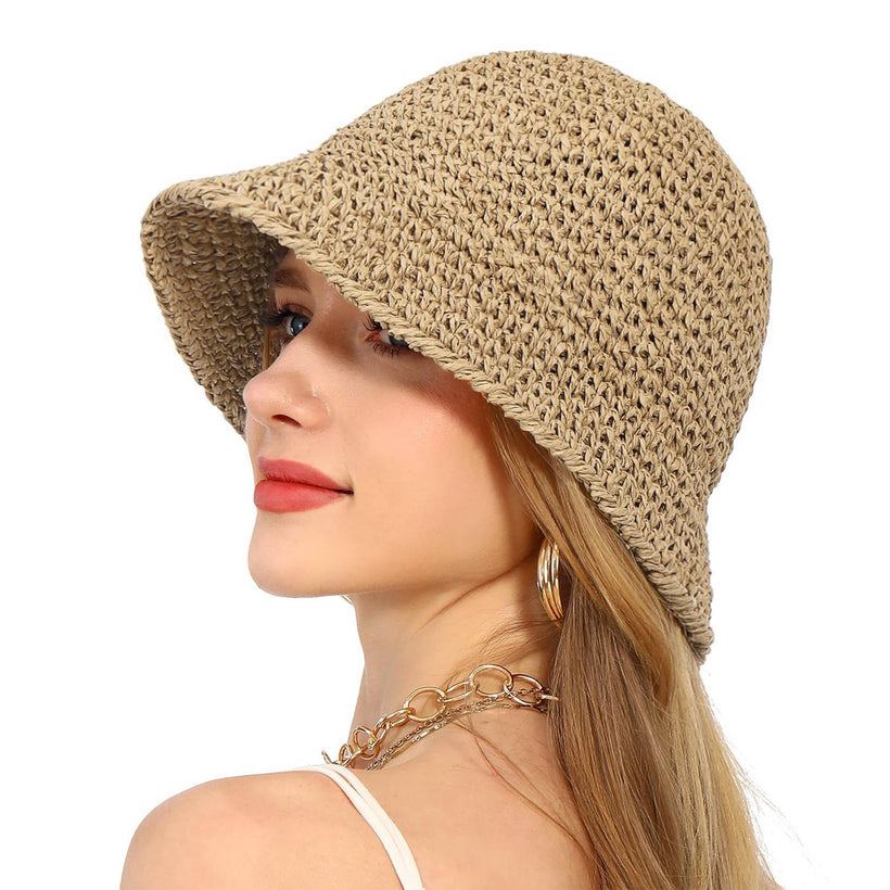 Crochet Raffia Bucket Hat Foldable Wide Brim Sun Hat: Khaki / One Size Fits Most