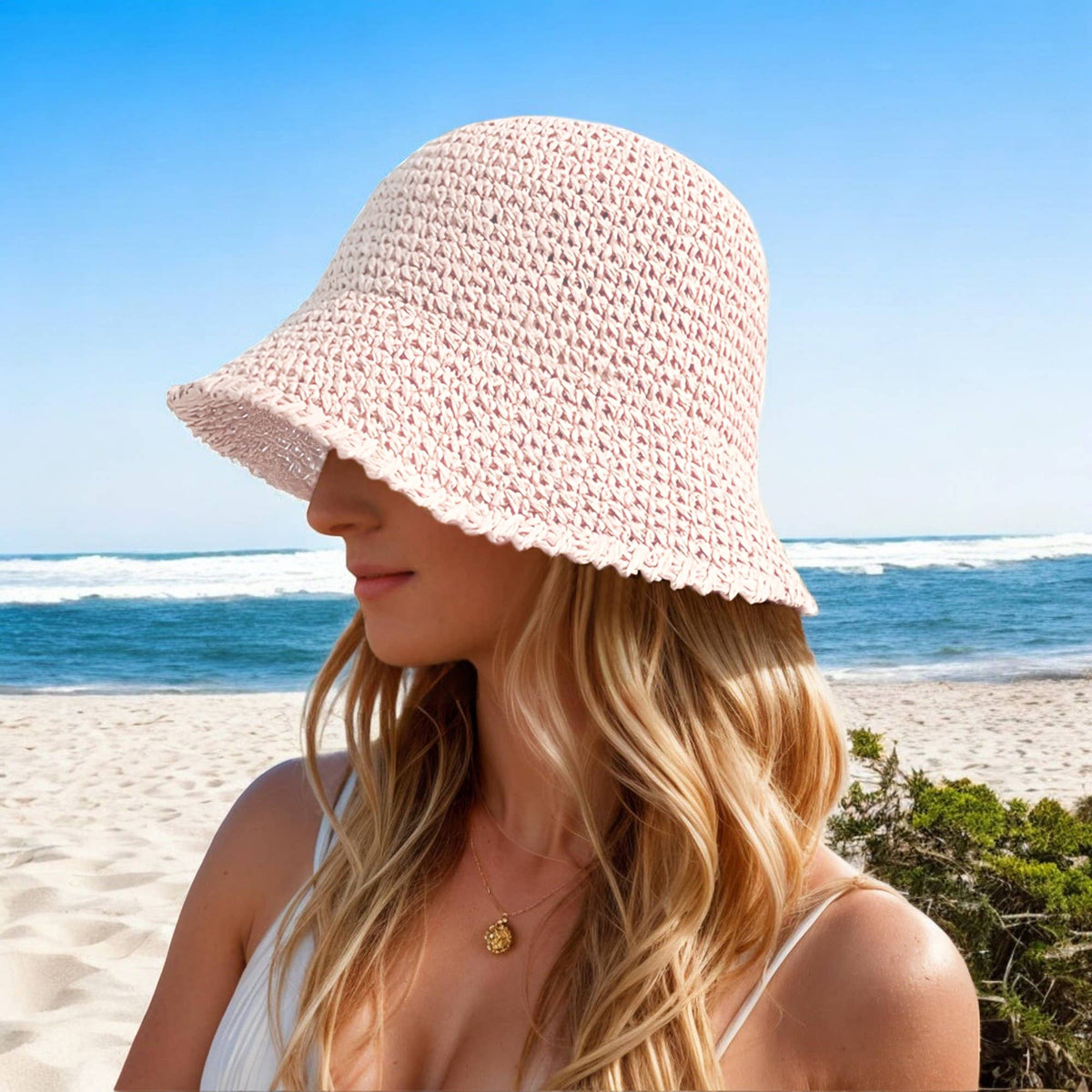 Crochet Raffia Bucket Hat Foldable Wide Brim Sun Hat: Khaki / One Size Fits Most