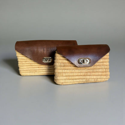 Handmade Straw & Leather Crossbody Bag - Mini Boho Purse: Brown / Small