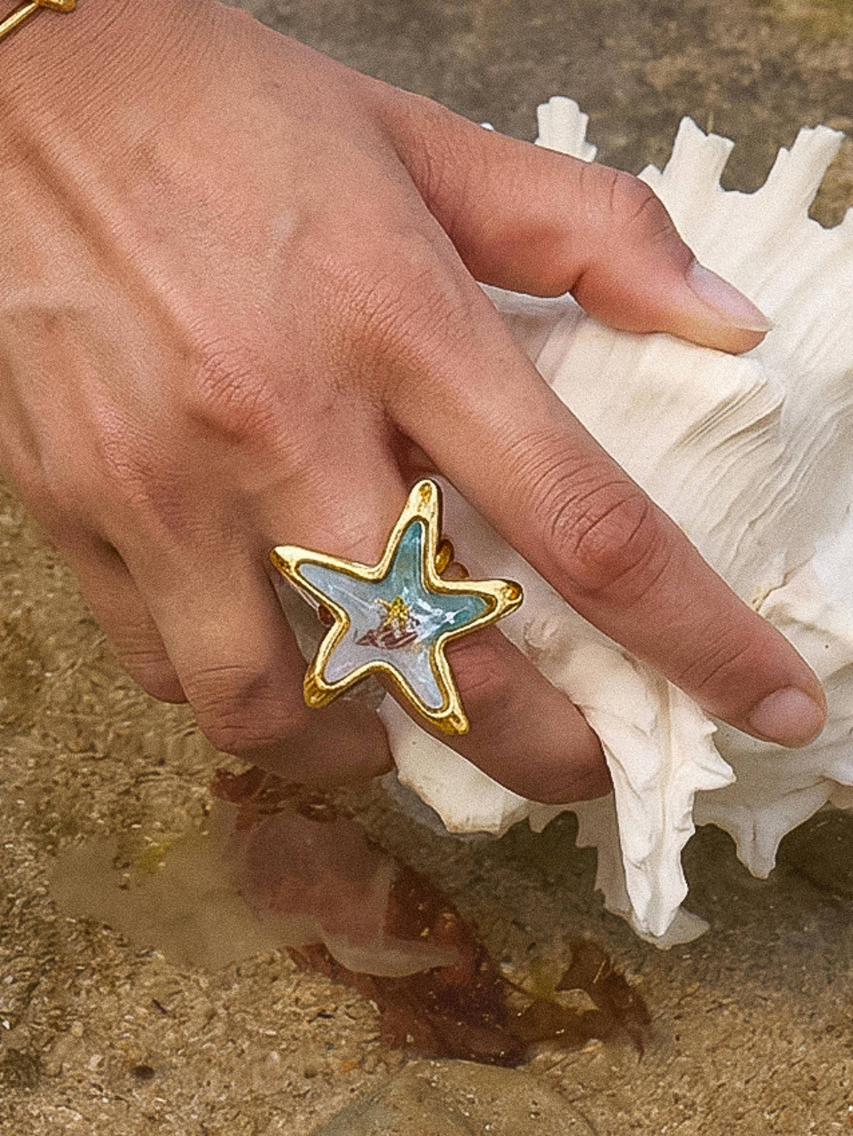 Chatelet 18K Gold Non-Tarnish Ocean Starfish Ring: Blue