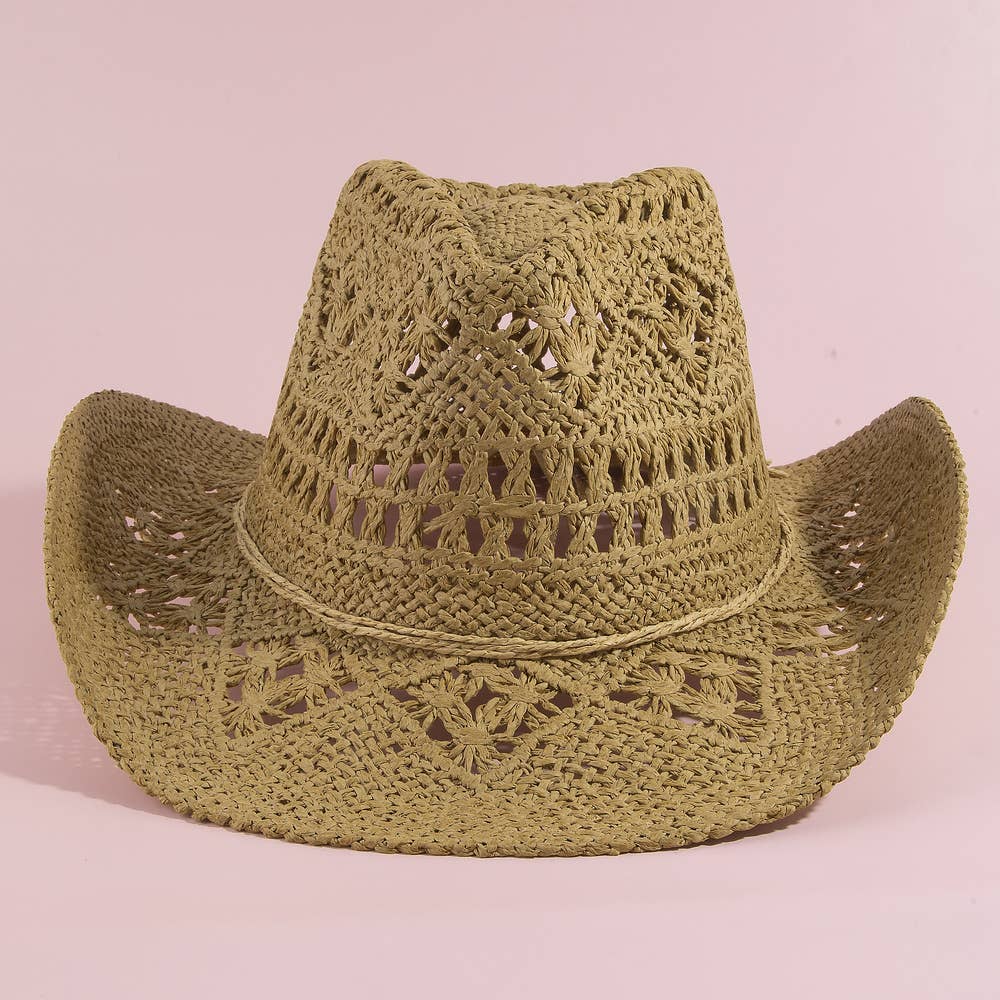 Paper Straw Open Weave Crochet Cowboy Hat: KA