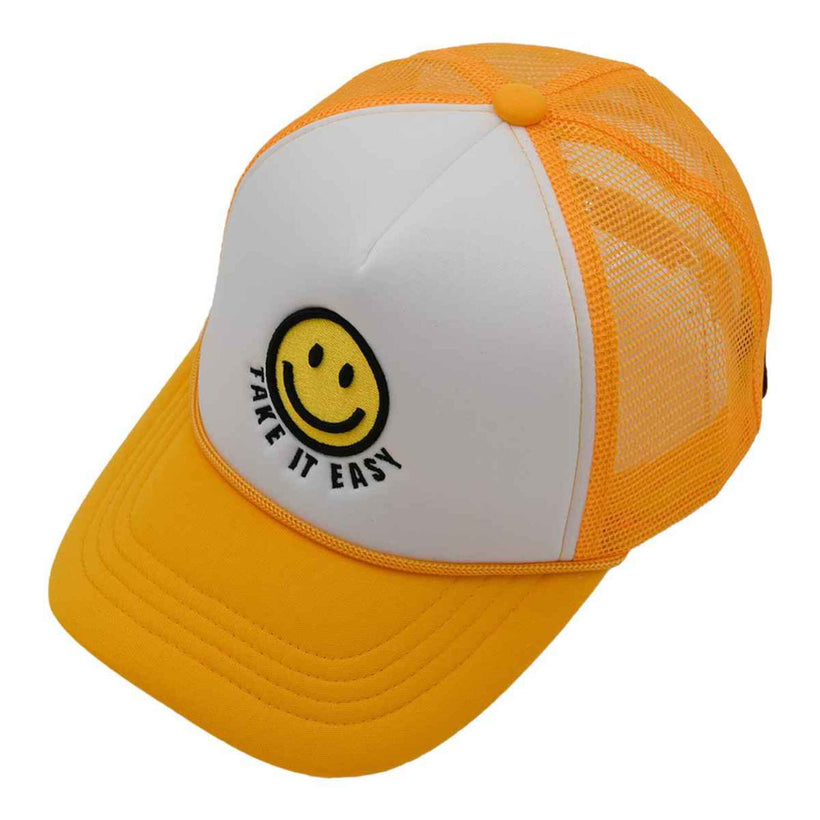 Take It Easy Smiley Face Trucker Cap: Mango